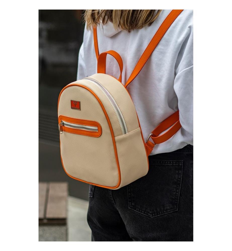 Sac à dos, 100 % cuir PU, beige, orange