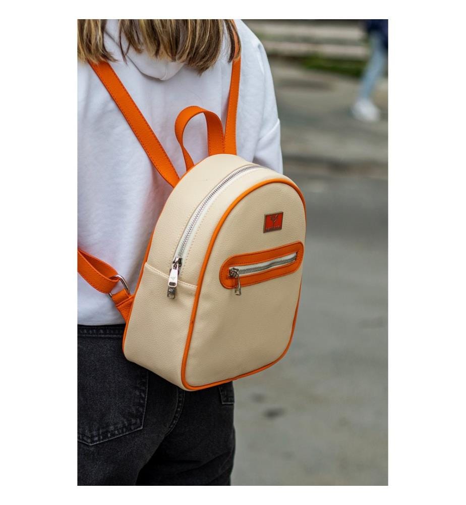 Sac à dos, 100 % cuir PU, beige, orange
