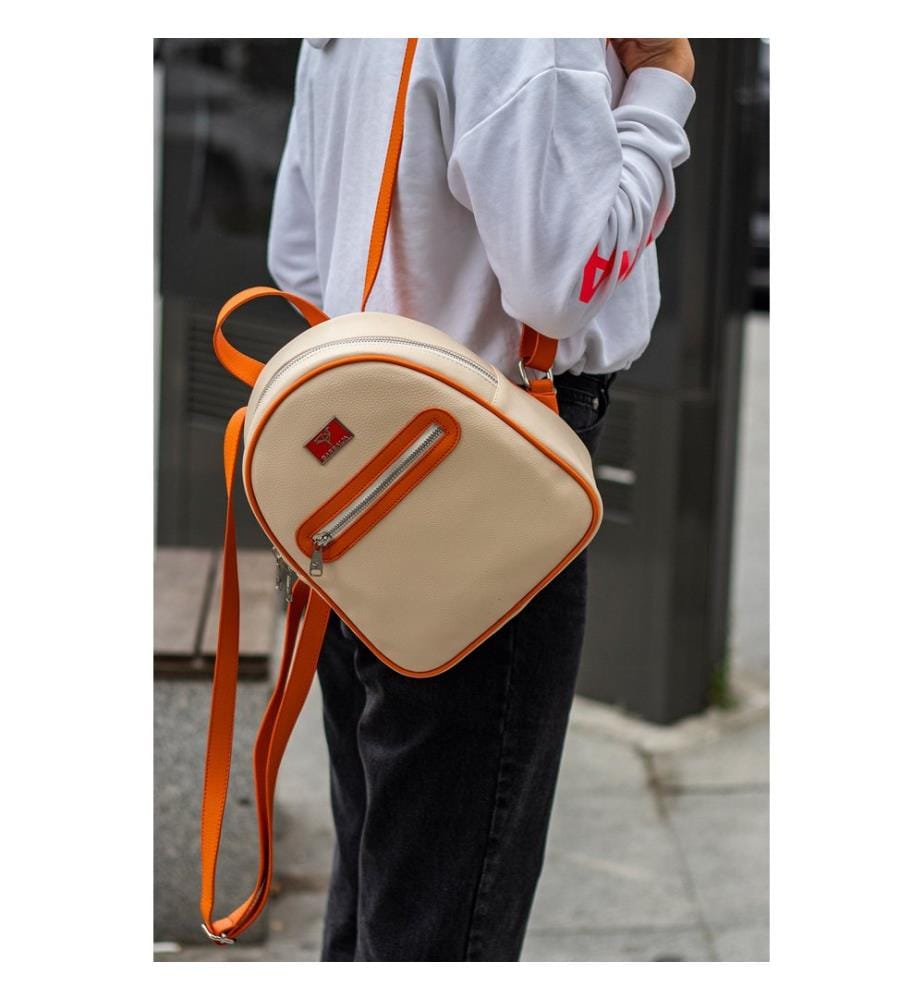Sac à dos, 100 % cuir PU, beige, orange