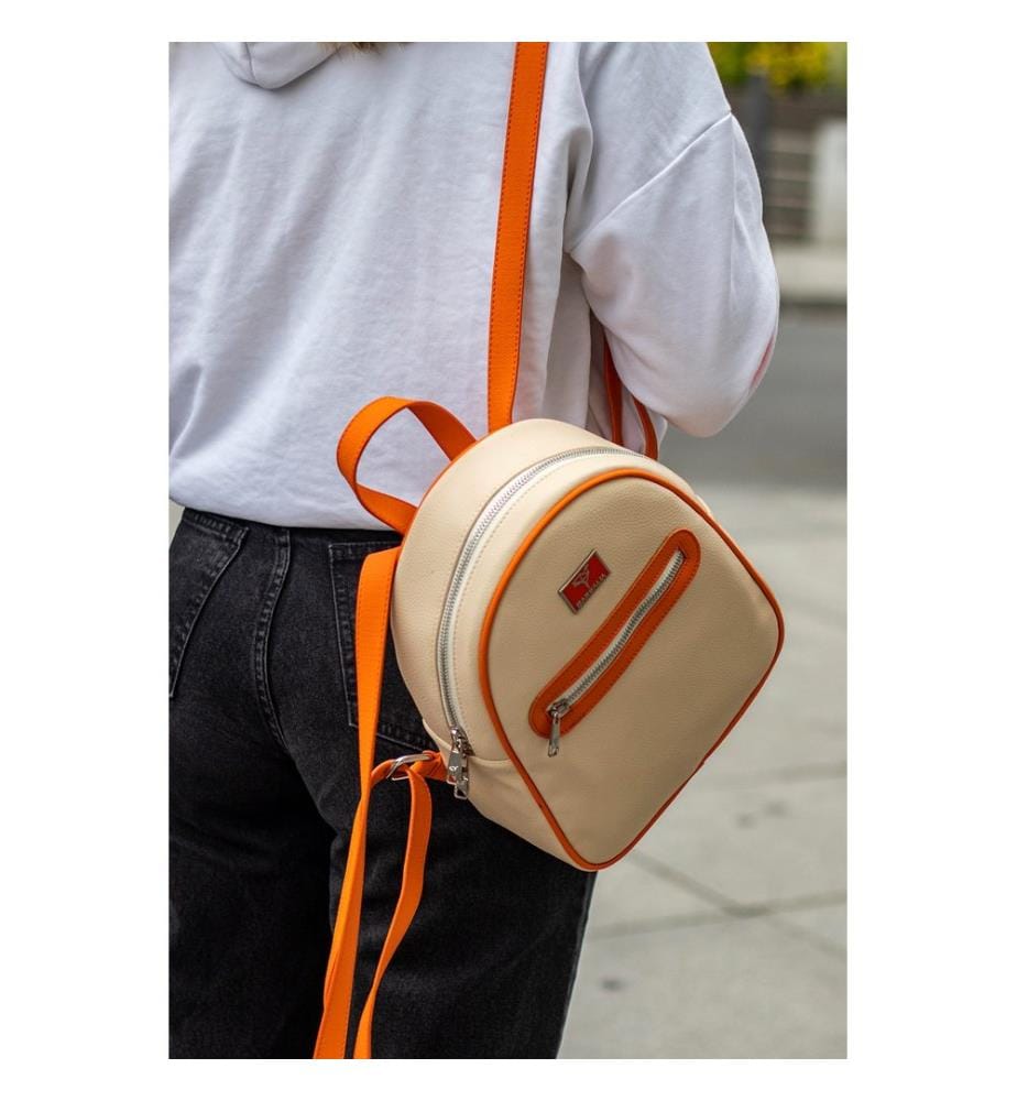 Sac à dos, 100 % cuir PU, beige, orange