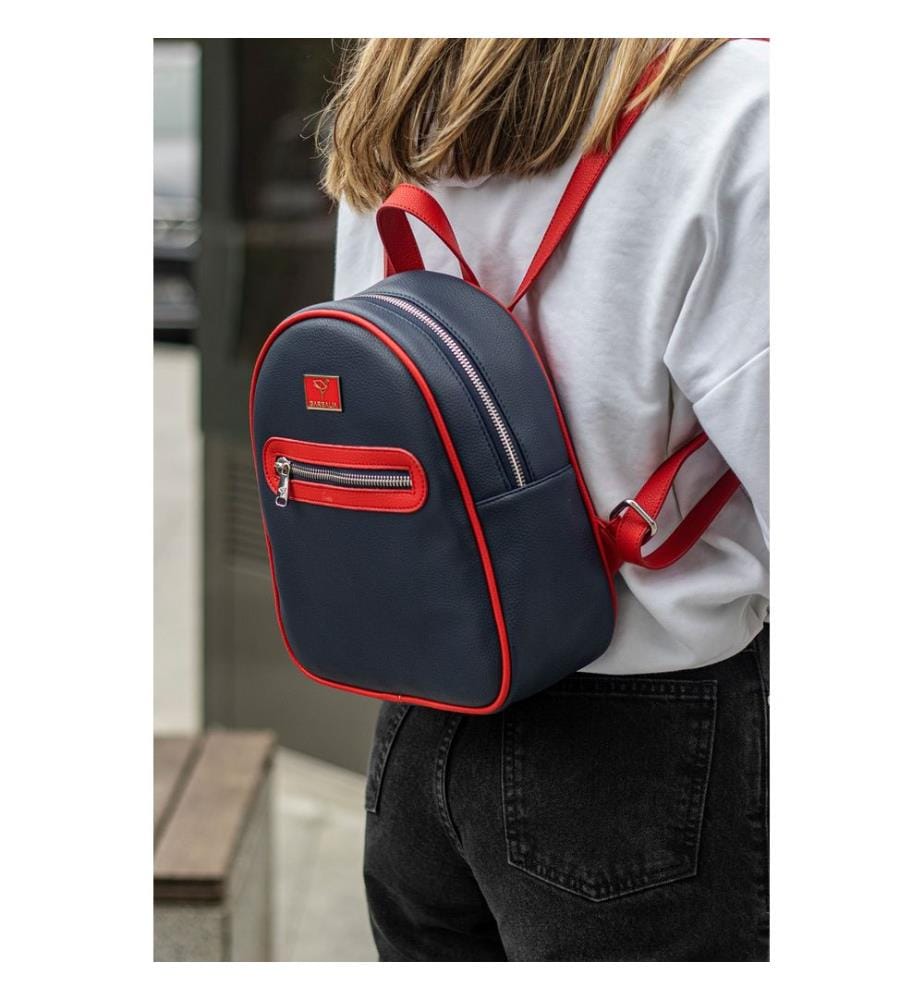 Sac à dos, 100 % cuir PU, bleu marine, rouge