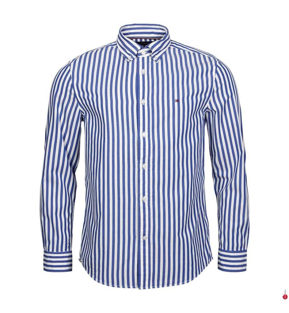 Flex Popeline Bold Stripe Hemd - Wedge Blau / Optic Weiss