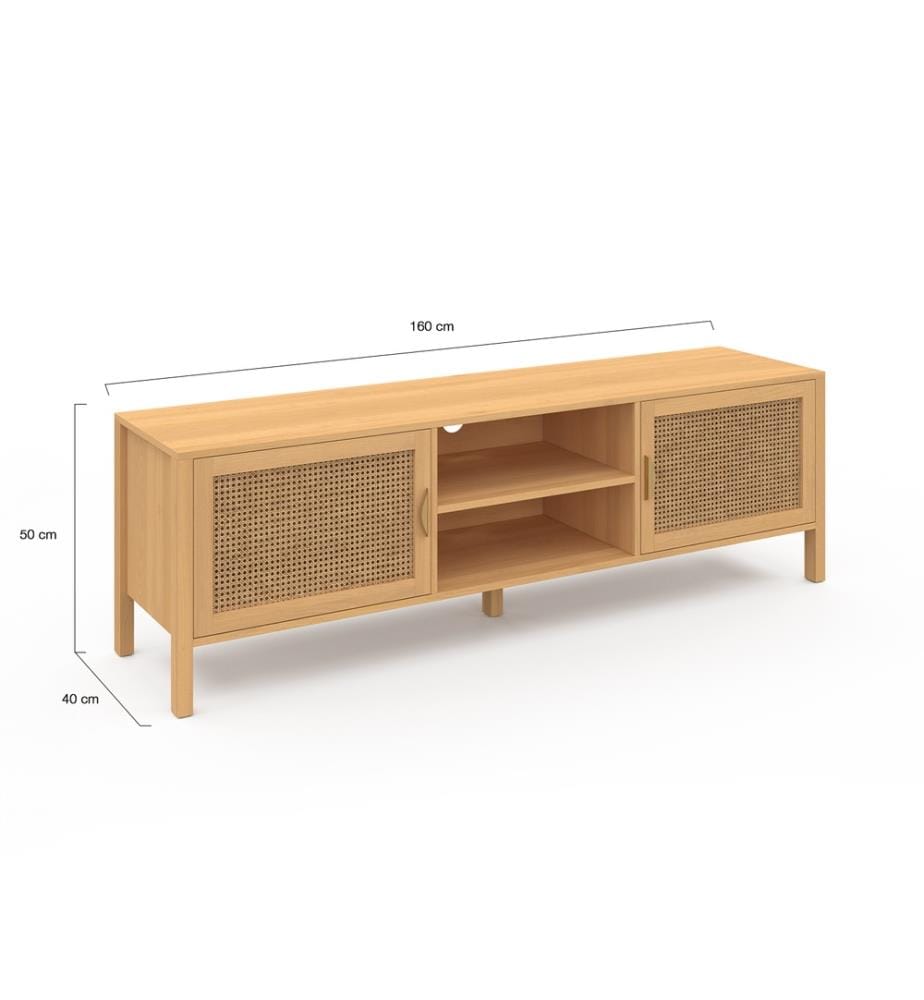 Meuble TV en cannage Eve 2 Portes L160cm - Brun