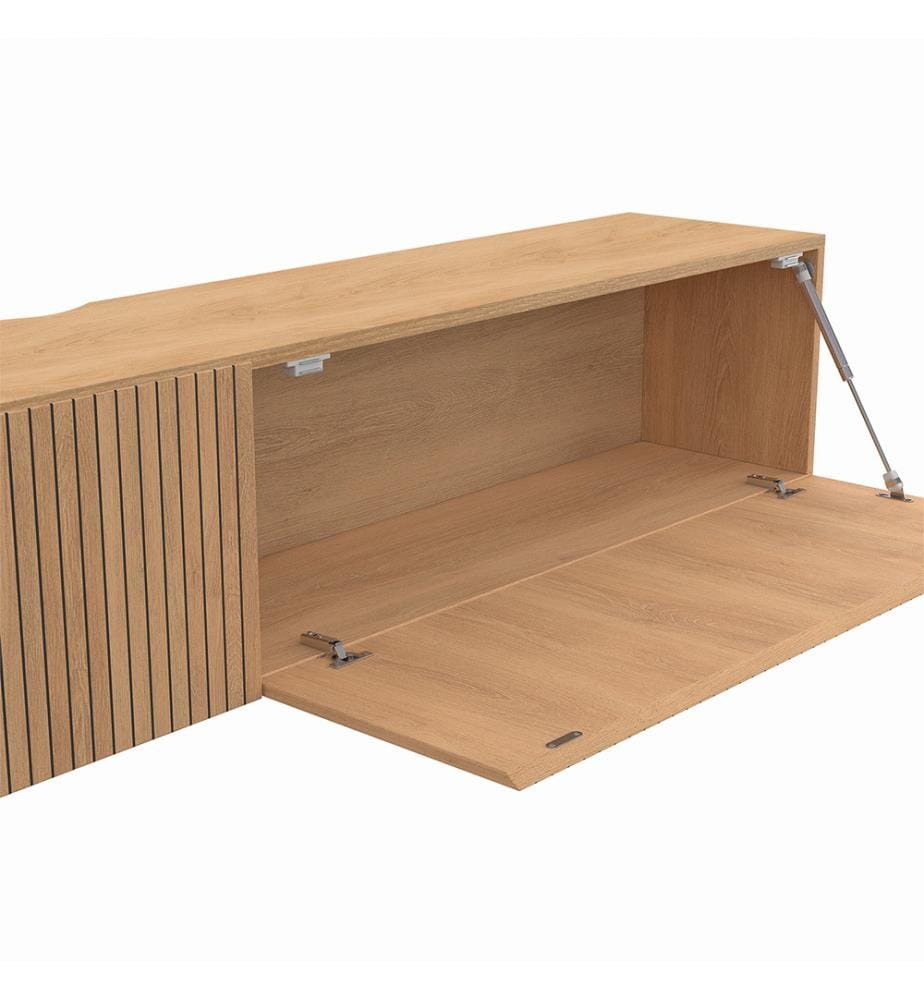 Meuble TV suspendu Faustine effet lattes L180cm - Brun