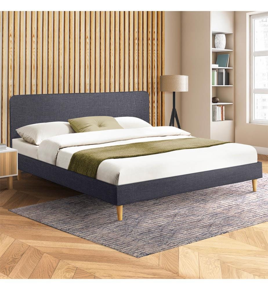 Lit en tissu gris pieds bois Evy - 160x200cm
