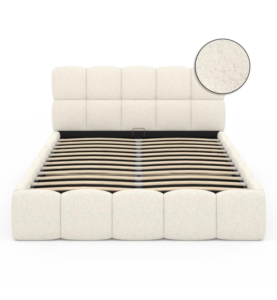 Bettkasten Bubble aus Bouclé-Stoff mit Lattenrost und Kopfteil 140x190cm - Weiss