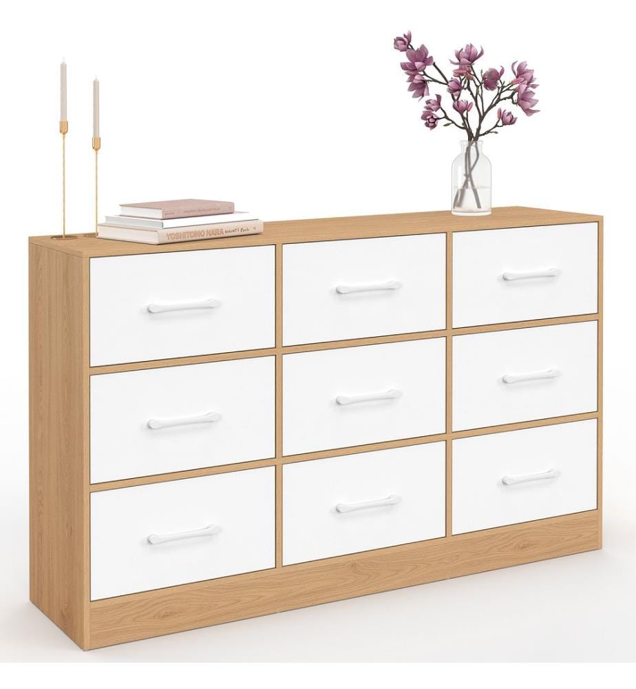 Comò Uma a 9 cassetti - Legno e bianco