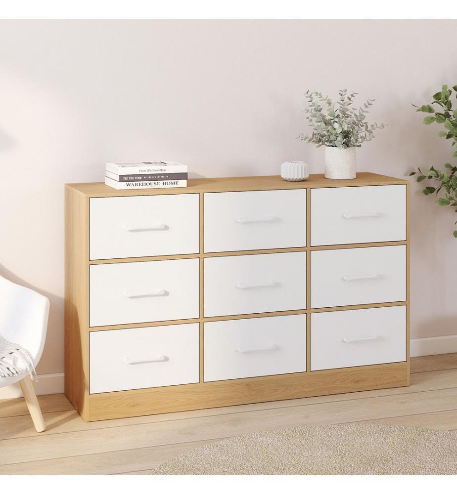 Comò Uma a 9 cassetti - Legno e bianco