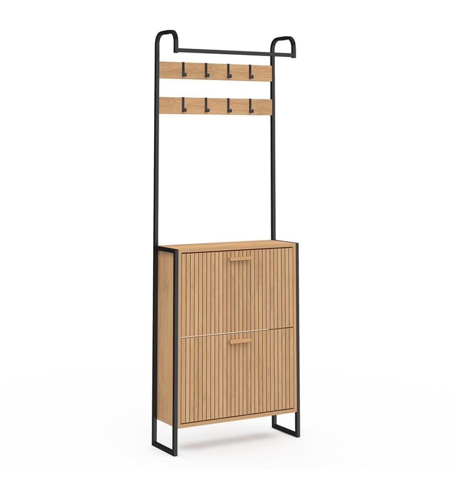 Faustine Eingangsgarderobe mit Latteneffekt 8 Haken + 2 Schuhschränke - 8 Paar - Braun und Schwarz