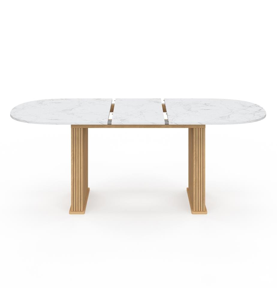 Ausziehbarer Esstisch Marceau 160-200cm mit abgerundeter Tischplatte - Tischplatte mit Marmoreffekt in Weiss und Braun