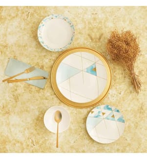Service de table, 24 pièces, blanc, or, bleu, porcelaine