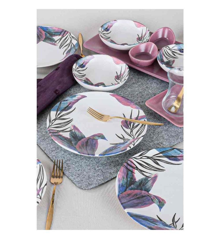 Frühstücksset, 21-teilig, Weiss, Lila, Dunkelblau, Keramik-Steinzeug, wasserabweisend