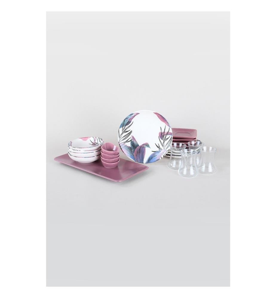 Frühstücksset, 21-teilig, Weiss, Lila, Dunkelblau, Keramik-Steinzeug, wasserabweisend