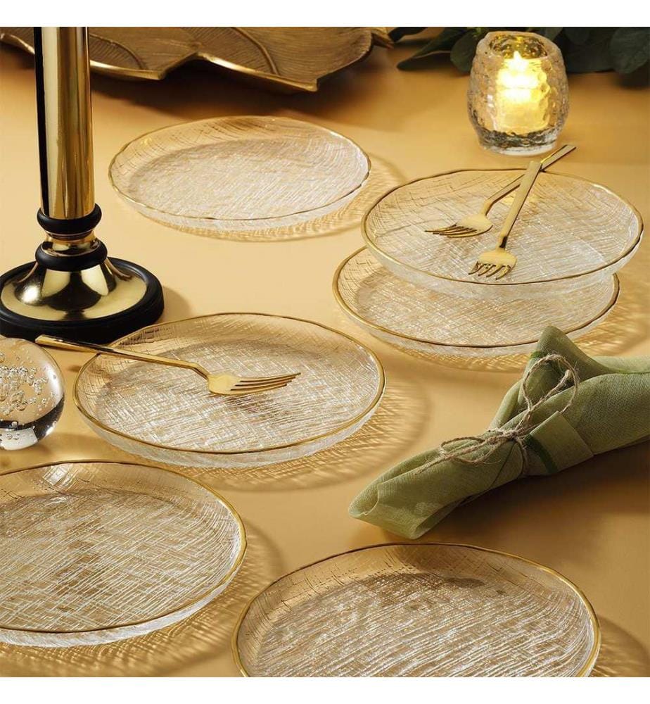 Dessertteller-Set, 6-teilig, transparent, goldfarben, 100 % Glas