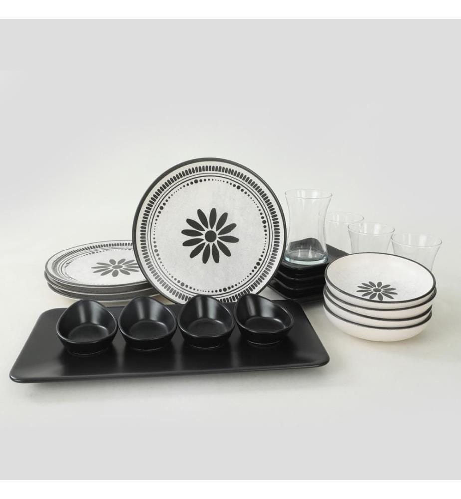 Frühstücksset, 21-teilig, weiss, schwarz, Keramik-Steinzeug, wasserabweisend