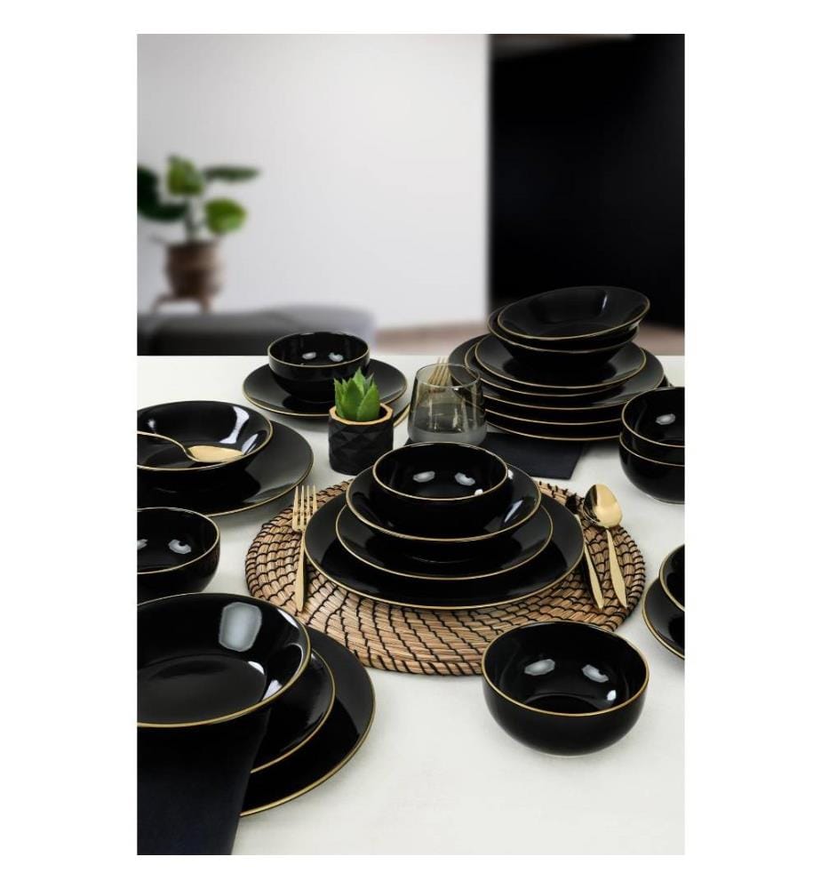Service de table, 24 pièces, noir, or, grès céramique, n'absorbe pas l'eau
