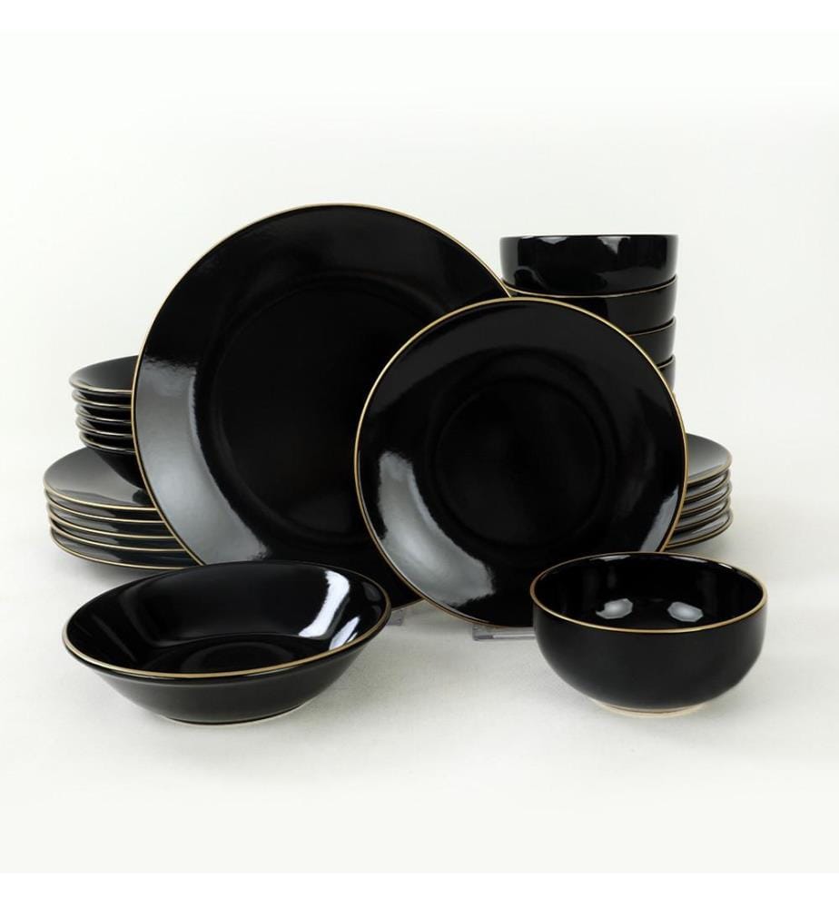 Service de table, 24 pièces, noir, or, grès céramique, n'absorbe pas l'eau