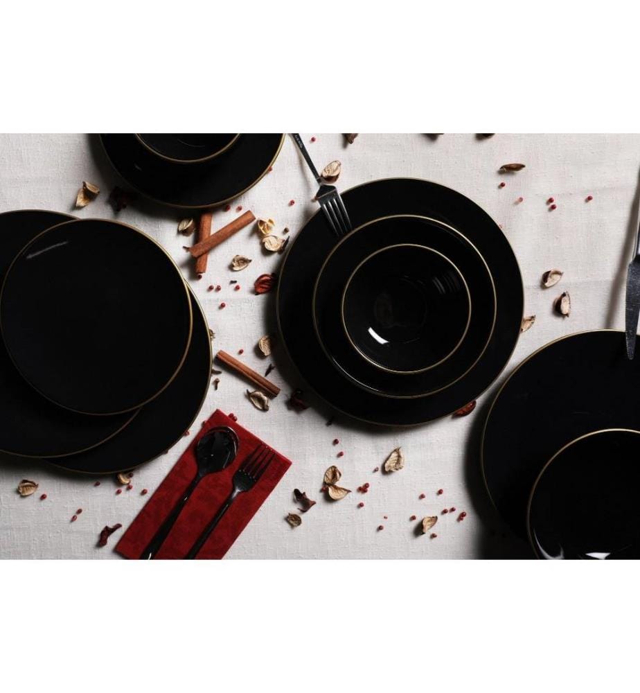 Service de table, 24 pièces, noir, or, grès céramique, n'absorbe pas l'eau