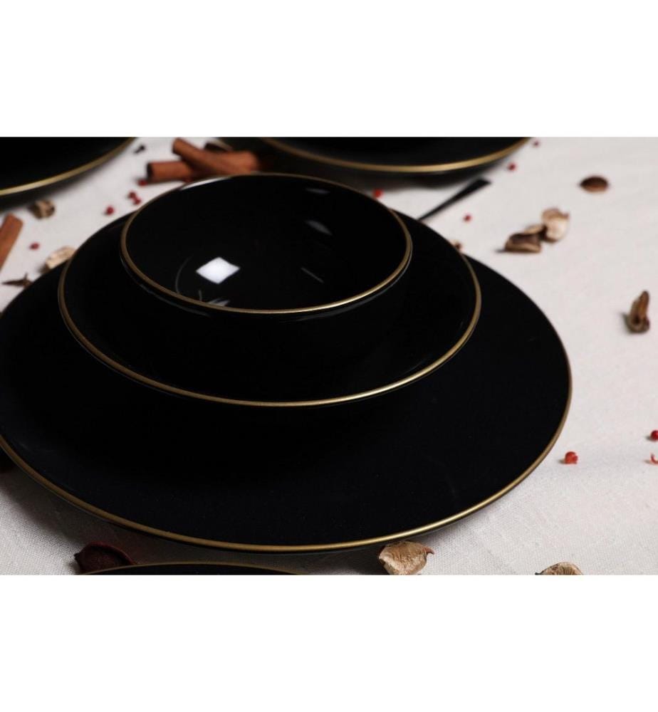 Service de table, 24 pièces, noir, or, grès céramique, n'absorbe pas l'eau