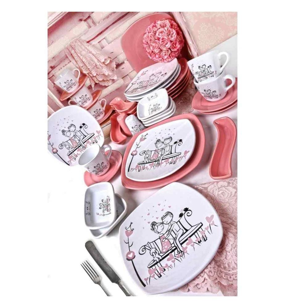 Frühstücksset, 14-teilig, Weiss, Rosa, Schwarz, Keramik-Steinzeug, wasserabweisend