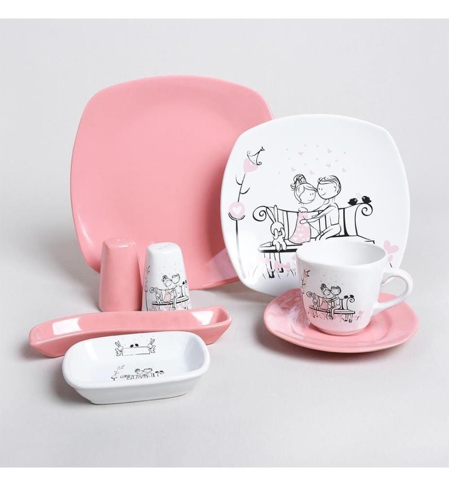 Frühstücksset, 14-teilig, Weiss, Rosa, Schwarz, Keramik-Steinzeug, wasserabweisend