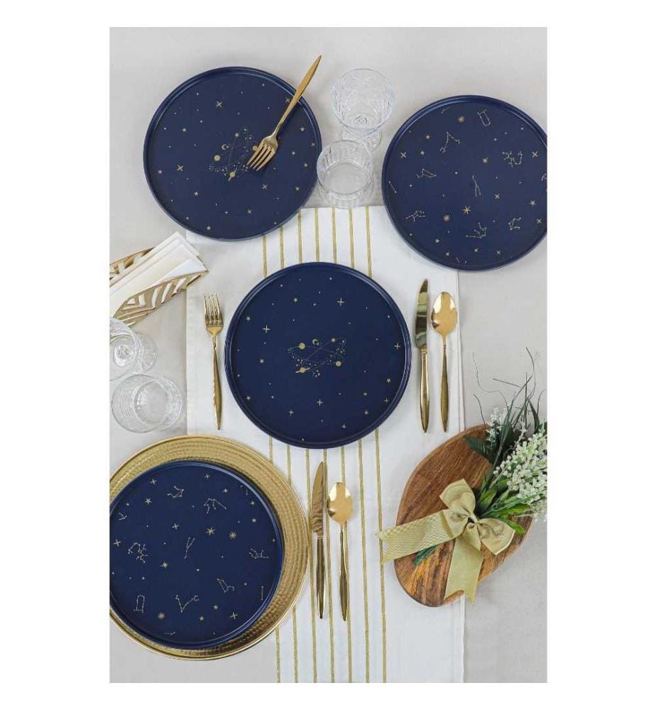 Servierteller-Set, 4-teilig, Marineblau, Gold, Keramik-Steinzeug, wasserabweisend