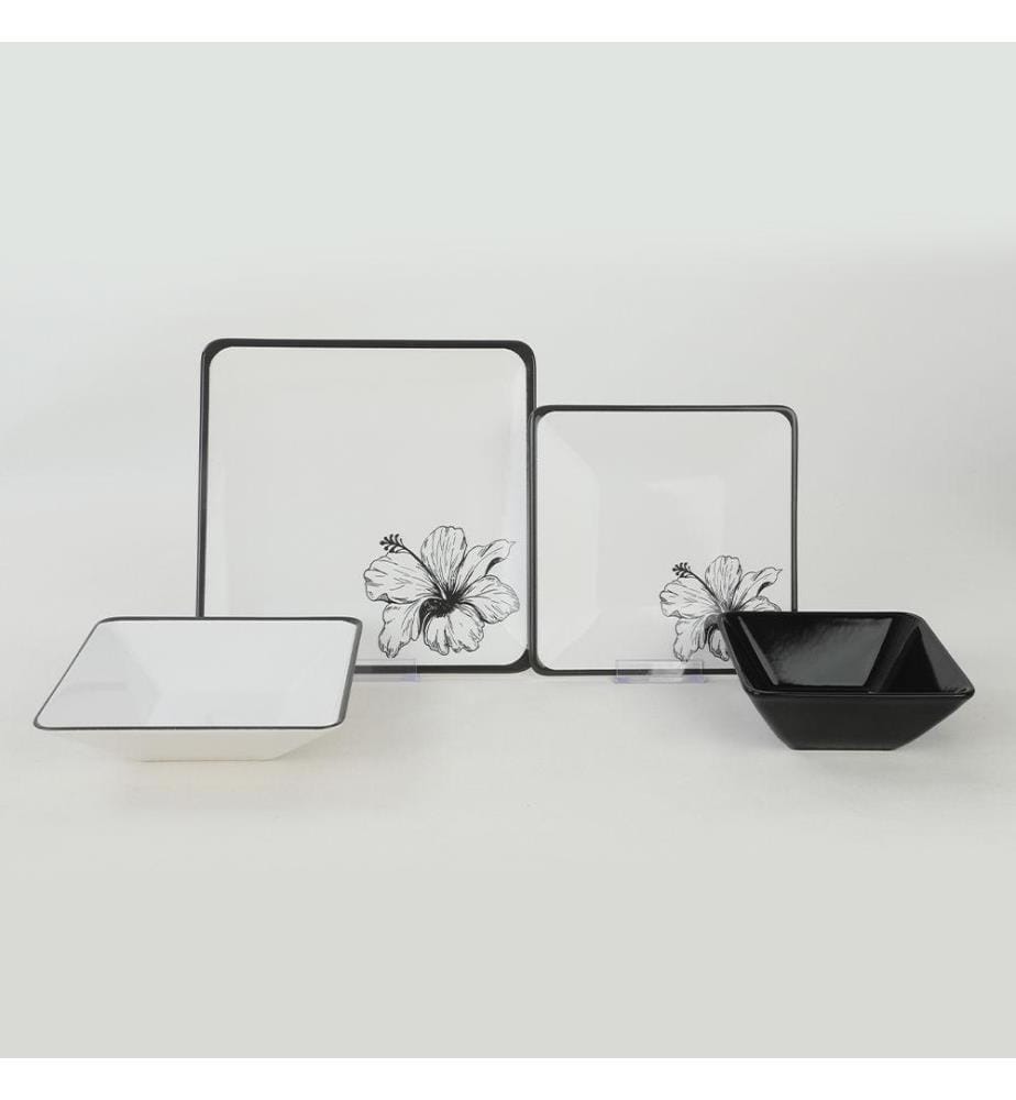 Service de table, 24 pièces, noir, blanc, grès céramique, n'absorbe pas l'eau