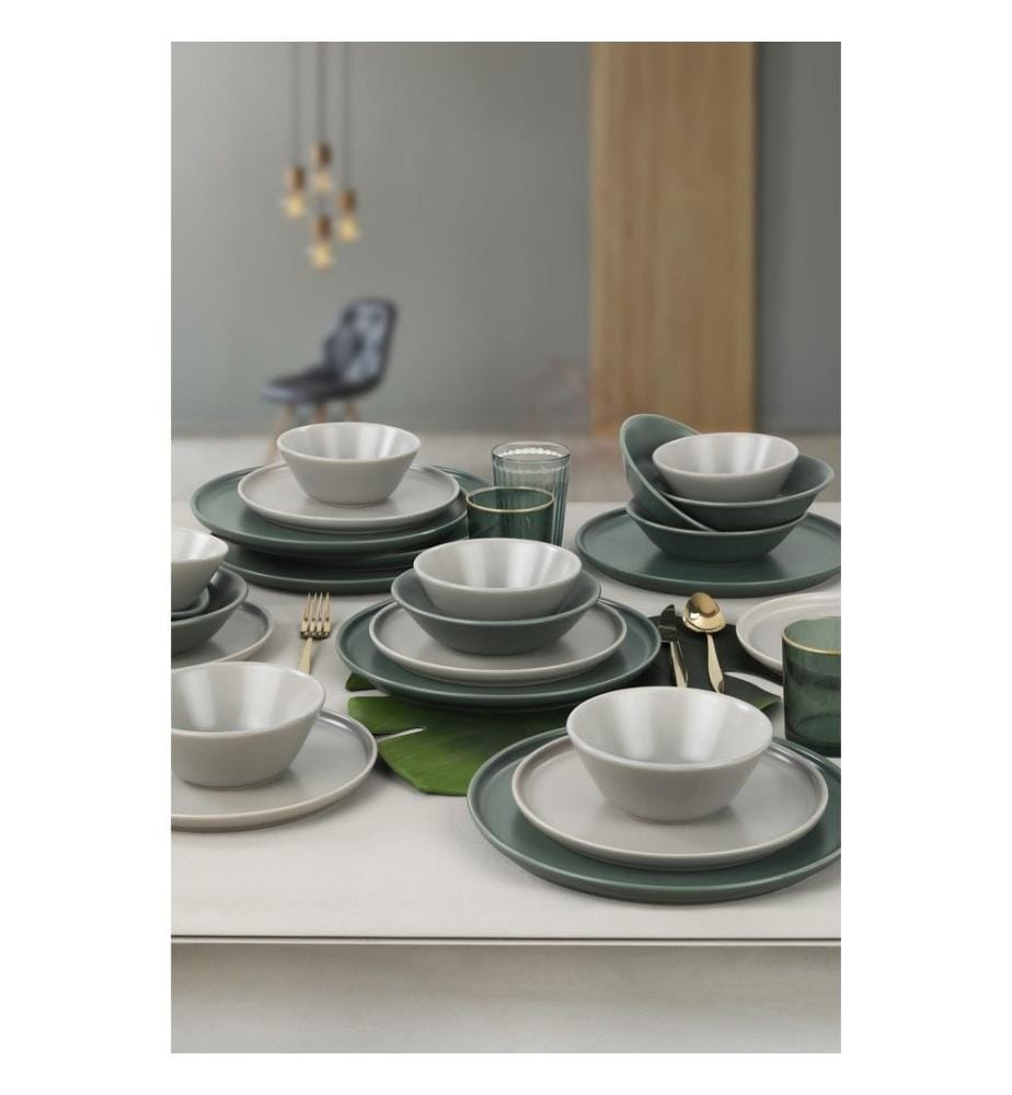 Service de table en céramique, 24 pièces, vert, blanc, 100% céramique en grès, antibactérien