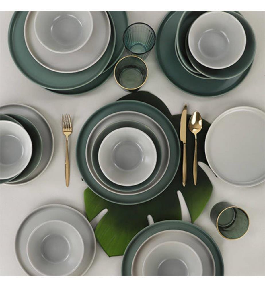 Service de table en céramique, 24 pièces, vert, blanc, 100% céramique en grès, antibactérien