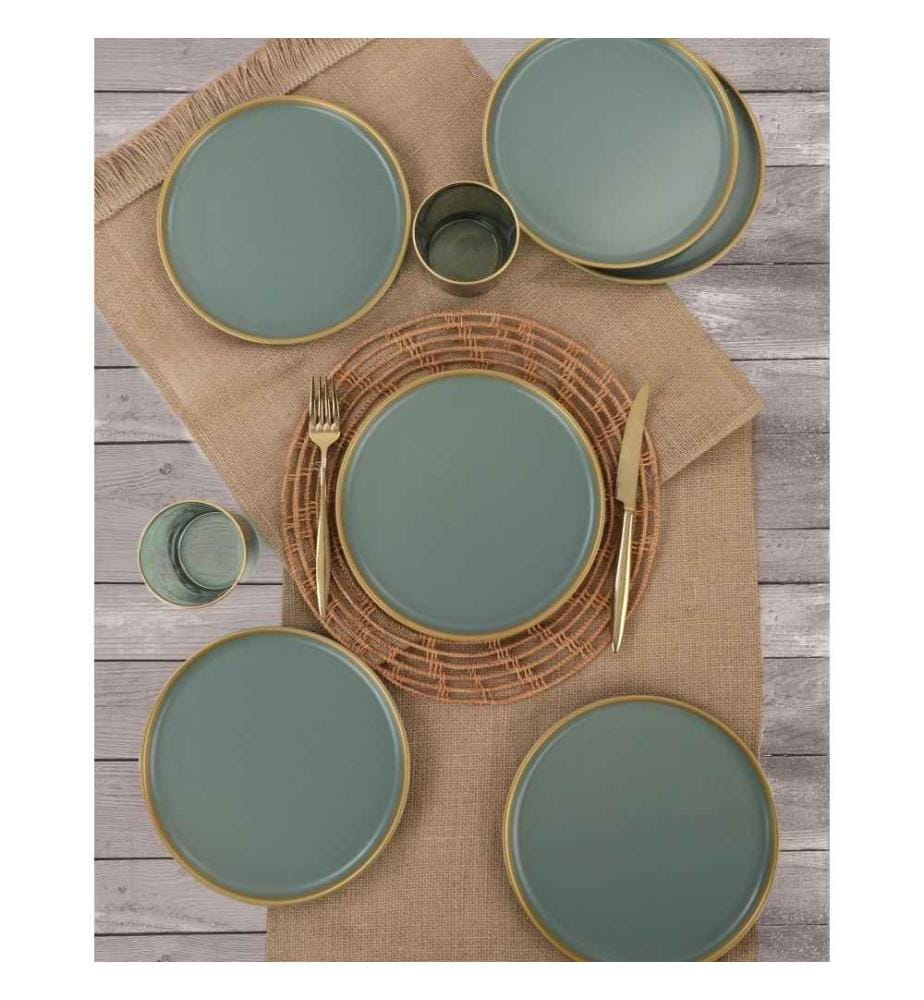 Set d'assiettes à dessert, 6 pièces, vert, or, grès céramique, n'absorbe pas l'eau