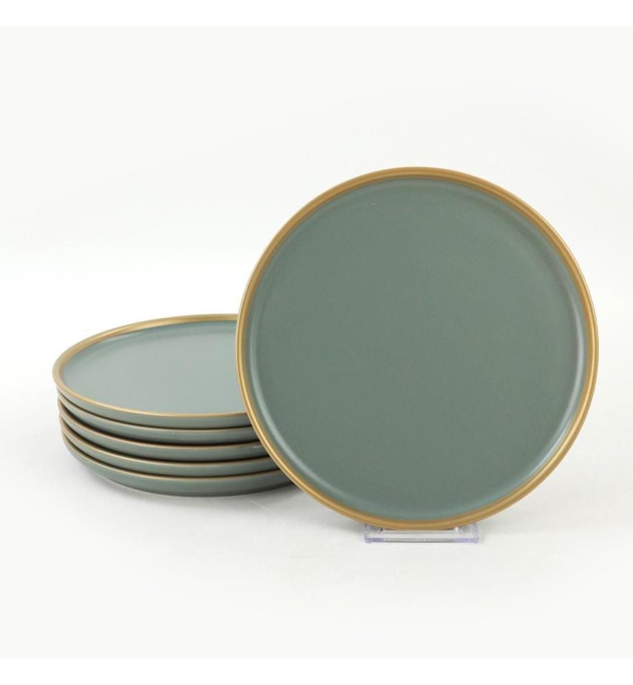 Set d'assiettes à dessert, 6 pièces, vert, or, grès céramique, n'absorbe pas l'eau