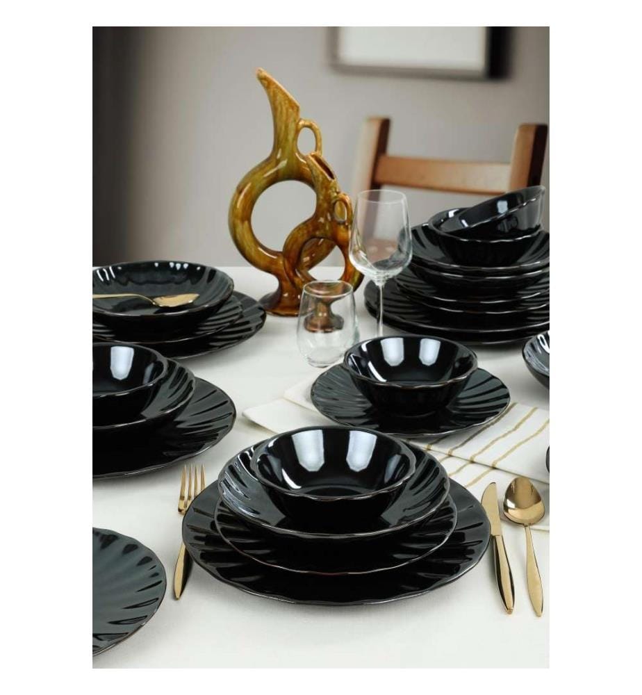 Service de table, 24 pièces, noir, grès céramique, n'absorbe pas l'eau