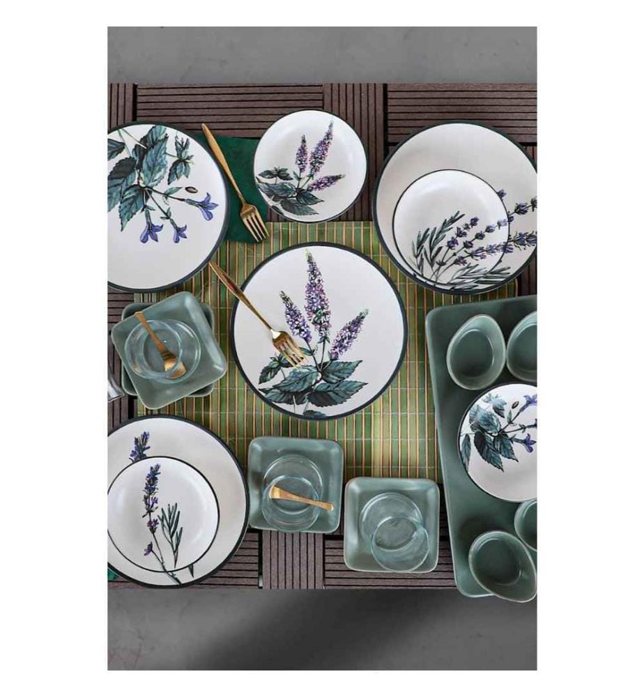 Frühstücksset, 21-teilig, Weiss, Grün, Lila, Schwarz, Keramik-Steinzeug, wasserabweisend