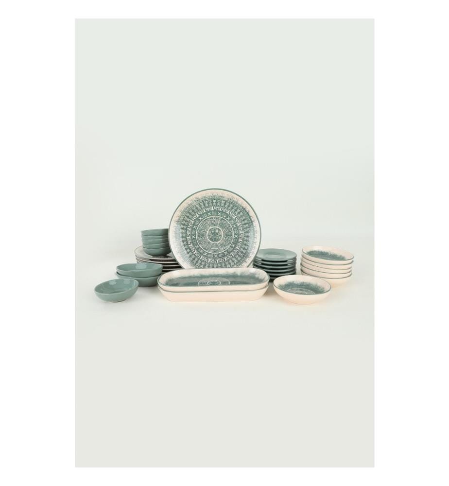 Frühstücksset, 28-teilig, Grün, Weiss, Beige, Keramik, wasserabweisend
