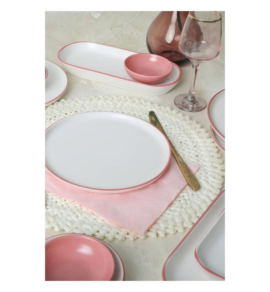 Set de petit-déjeuner, 18 pièces, rose, blanc, 100% céramique, antibactérien