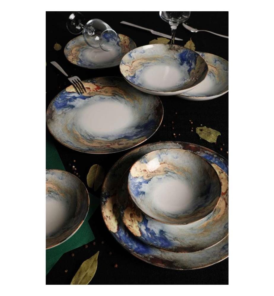 Service de table, 24 pièces, blanc, bleu, or, porcelaine