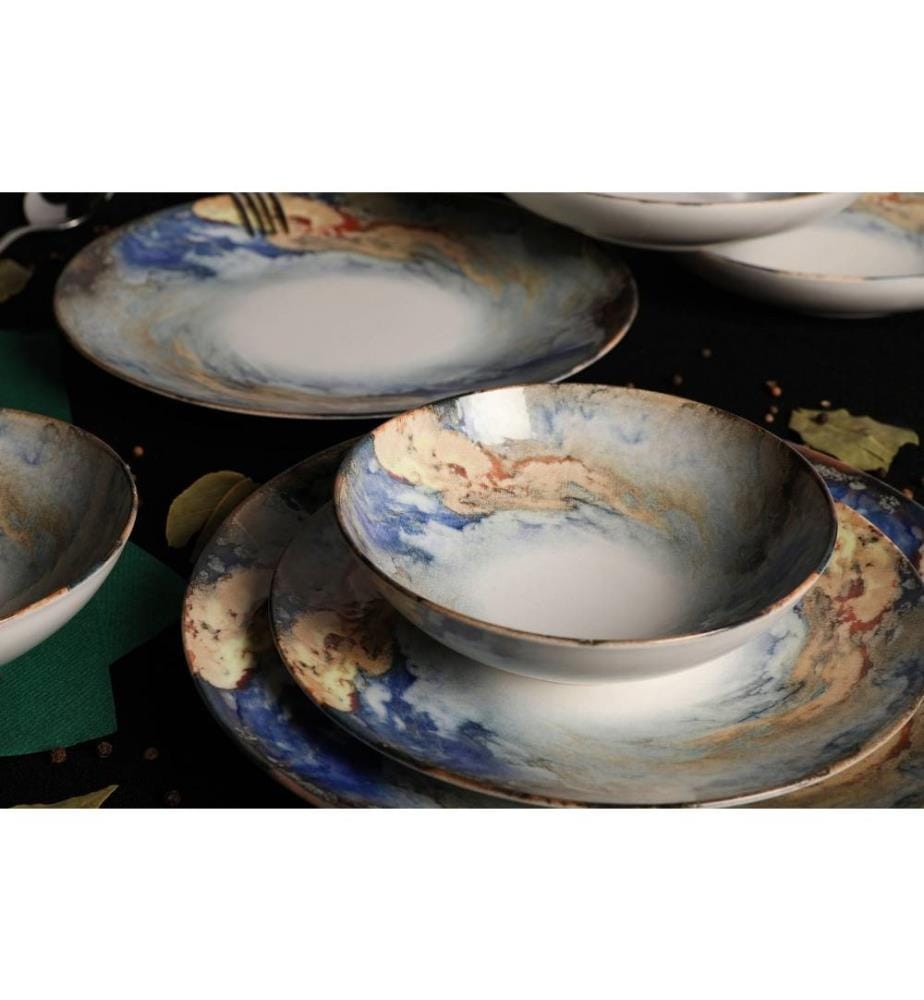 Service de table, 24 pièces, blanc, bleu, or, porcelaine