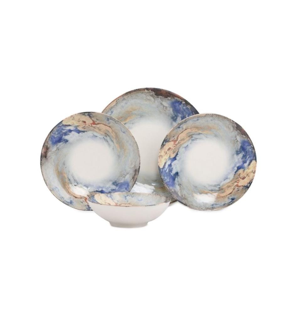 Service de table, 24 pièces, blanc, bleu, or, porcelaine