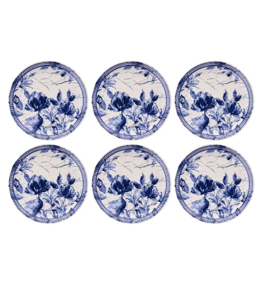 Set d'assiettes de service, 6 pièces, bleu, blanc, 100% CERAMIC