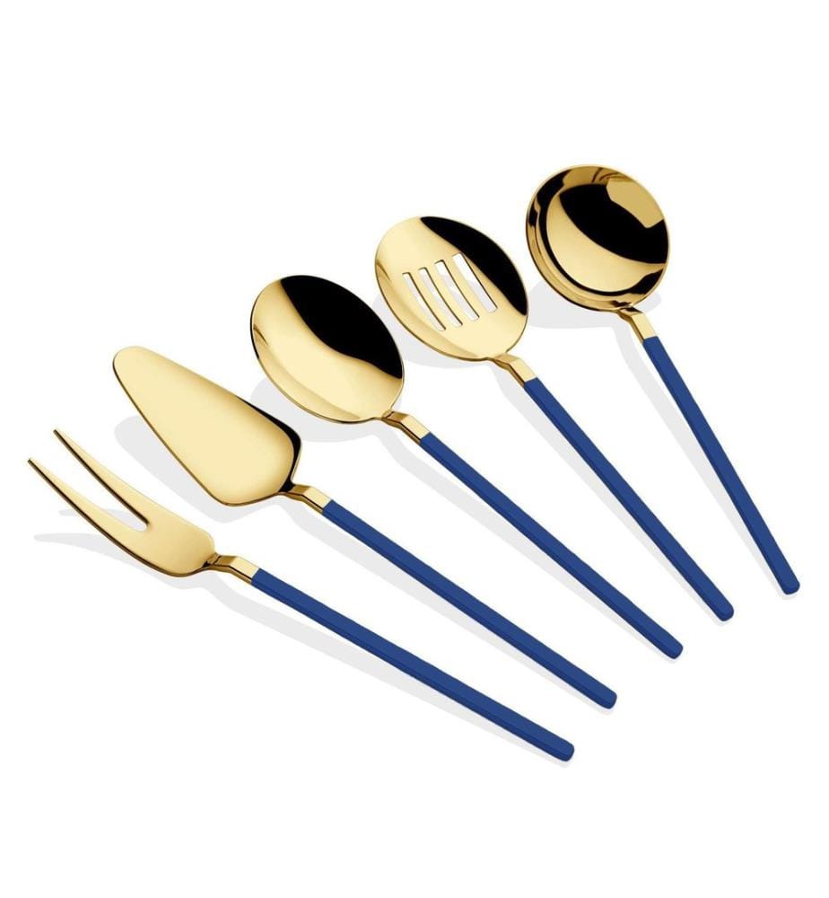 Set de service, 5 pièces, or, bleu, 100% INOX