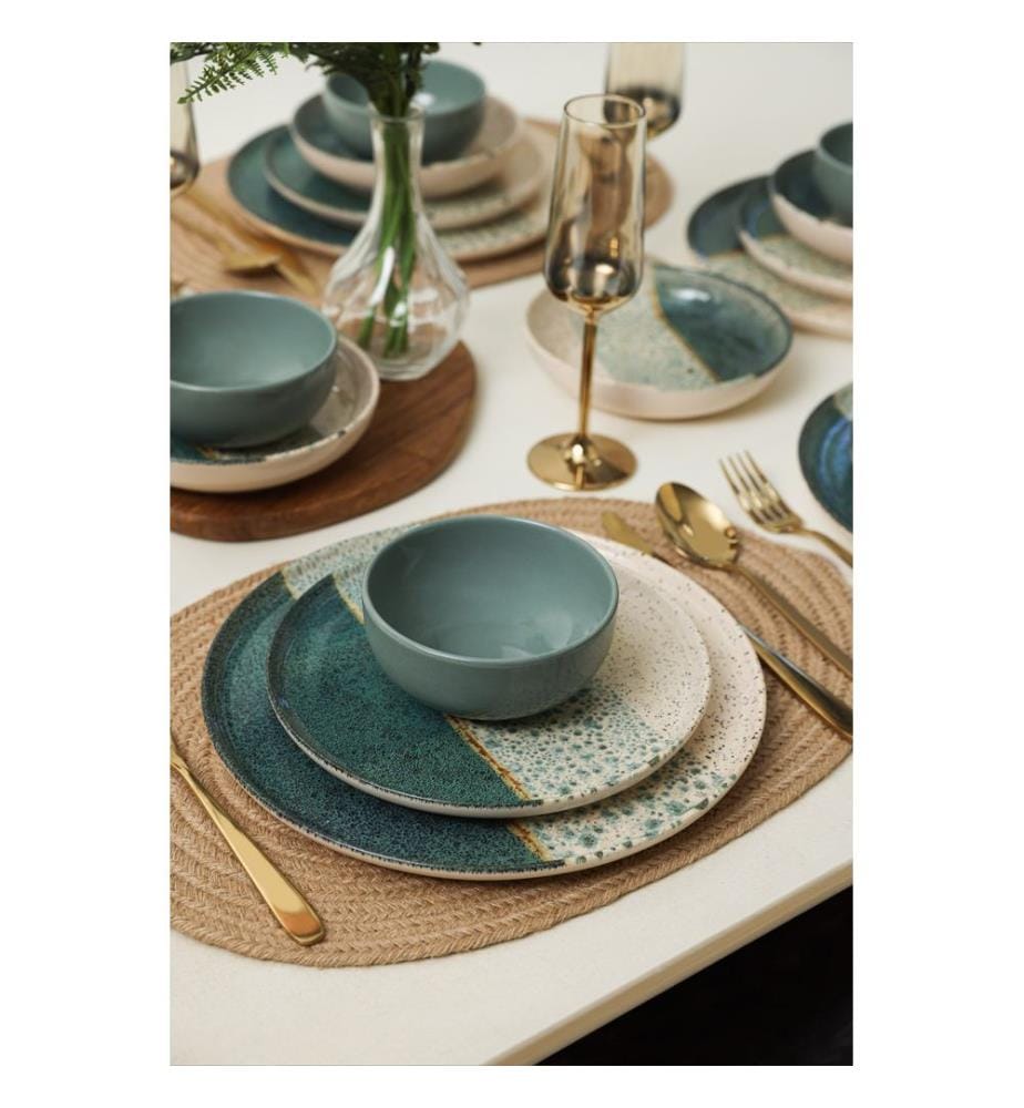Essgeschirr-Set, 24-teilig, 100 % Keramik, Grün, Creme