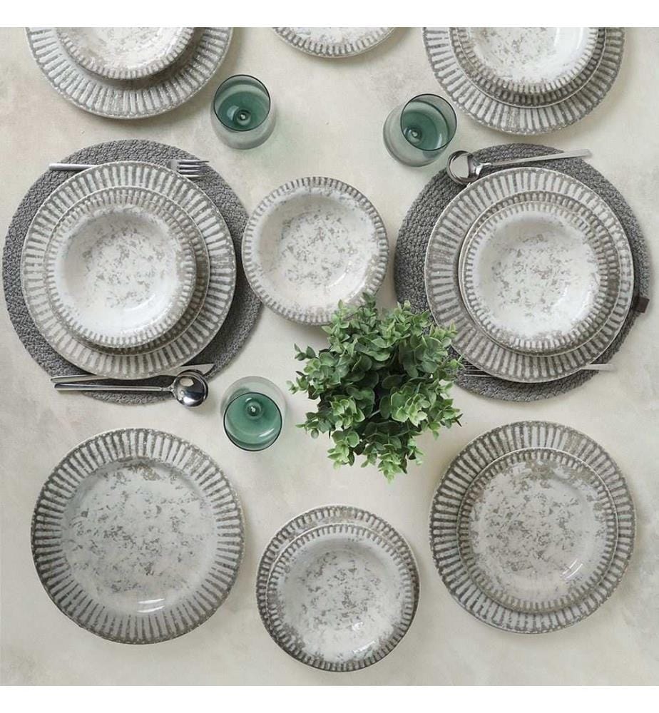 Service de table 18 pièces, 100 % faïence, coloris fumé, blanc