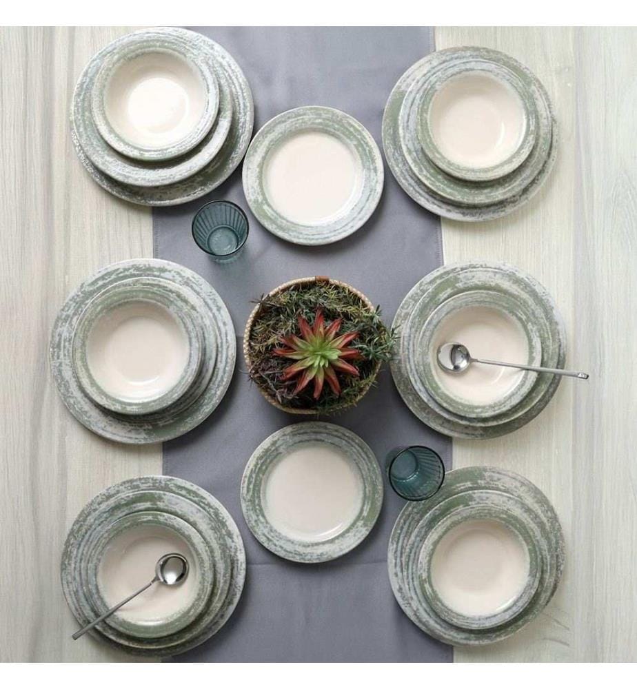 Essgeschirr-Set, 24-teilig, 100 % Steingut, Creme, Grün
