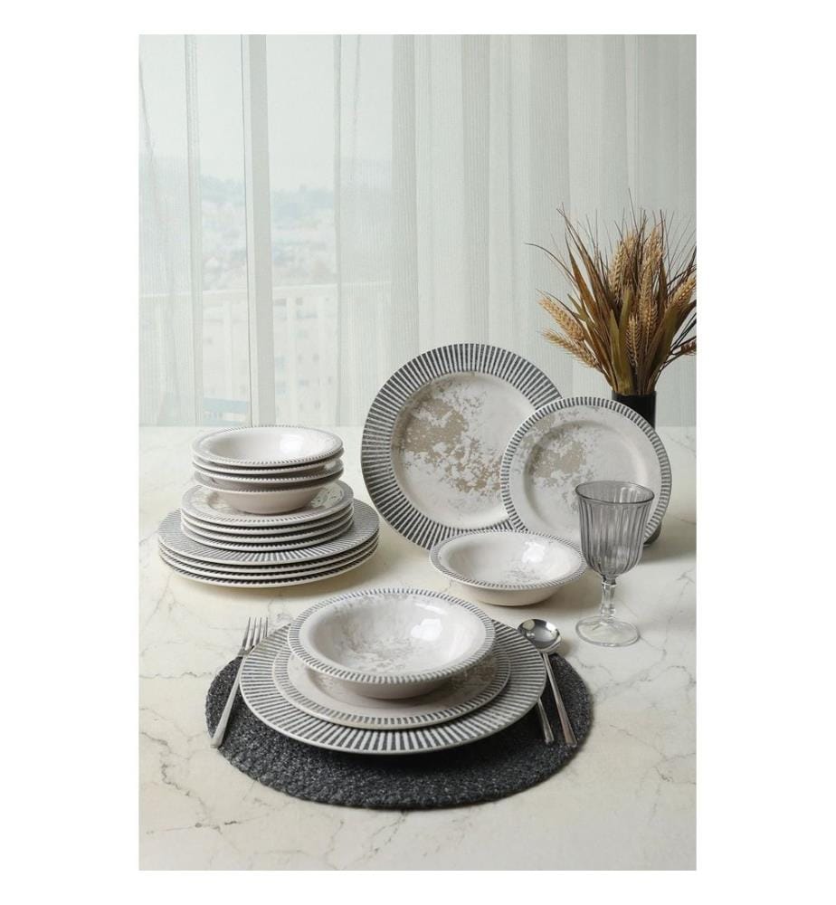Service de table 18 pièces, 100 % faïence, gris et crème