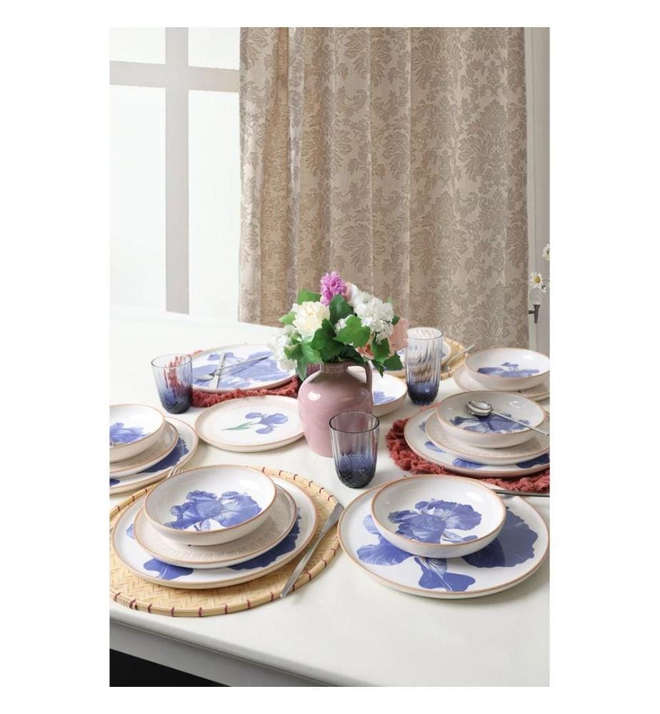Essgeschirr, 18-teilig, 100 % Steingut, Weiss, Blau, Gold