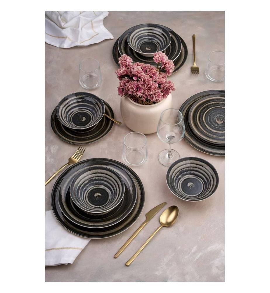 24-teiliges Speiseservice, 100 % Keramik, Dunkelgrün, Schwarz, Braun, Weiss