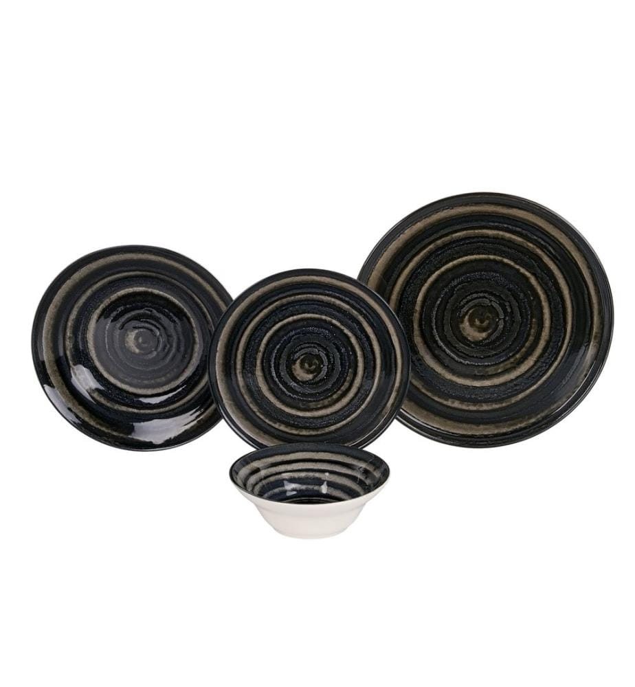 24-teiliges Speiseservice, 100 % Keramik, Dunkelgrün, Schwarz, Braun, Weiss