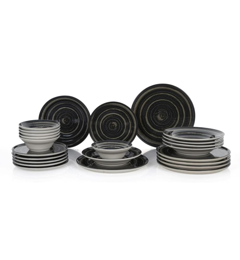 24-teiliges Speiseservice, 100 % Keramik, Dunkelgrün, Schwarz, Braun, Weiss