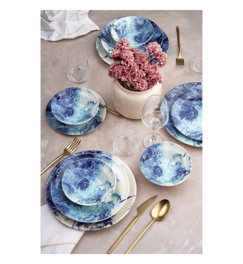 Service de table 24 pièces, 100 % céramique, bleu, bleu clair, blanc