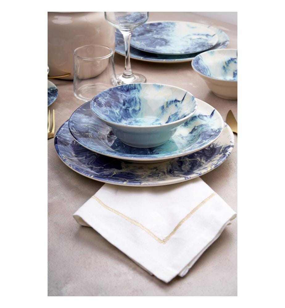 Service de table 24 pièces, 100 % céramique, bleu, bleu clair, blanc